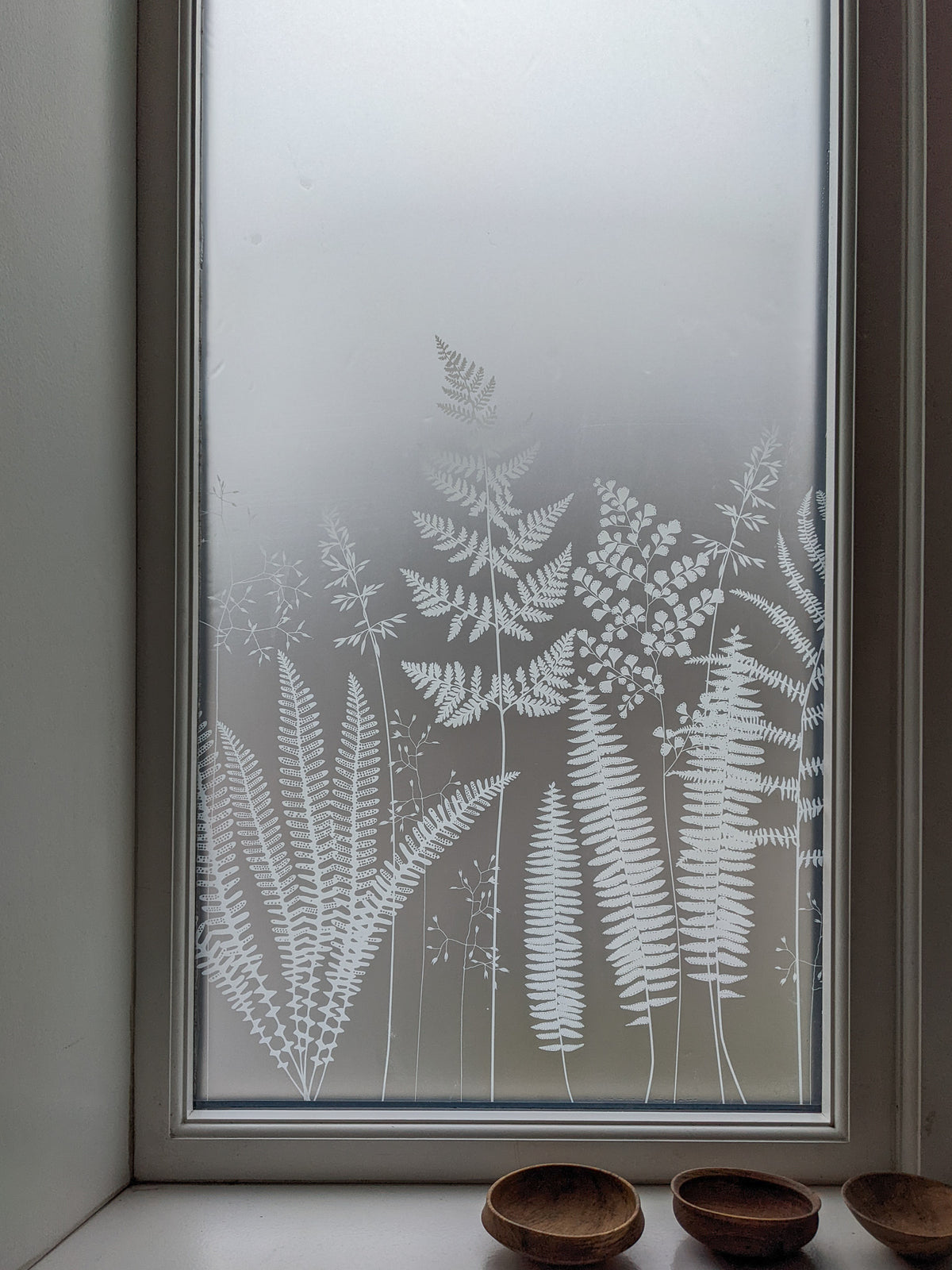 Decorative privacy window film with fern and leaf patterns on a glass pane.