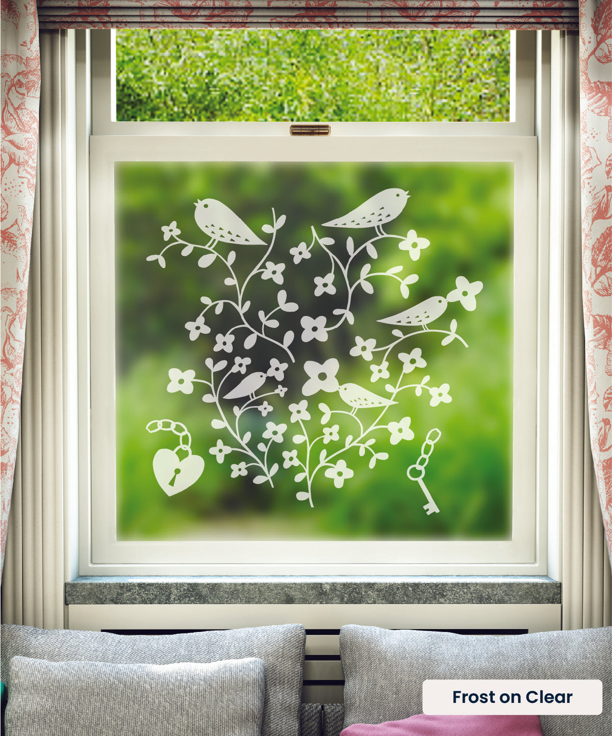 Bird Pattern illustration by Rob Ryan in frosted print on clear window film.