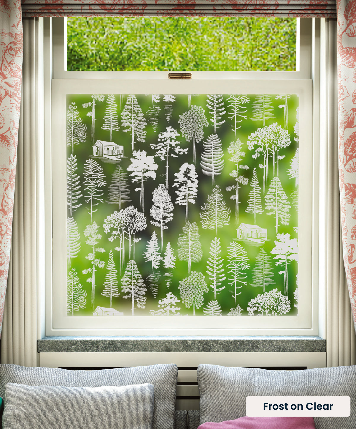 Catskills trees pattern by Mini Moderns in frosted print on clear window film.