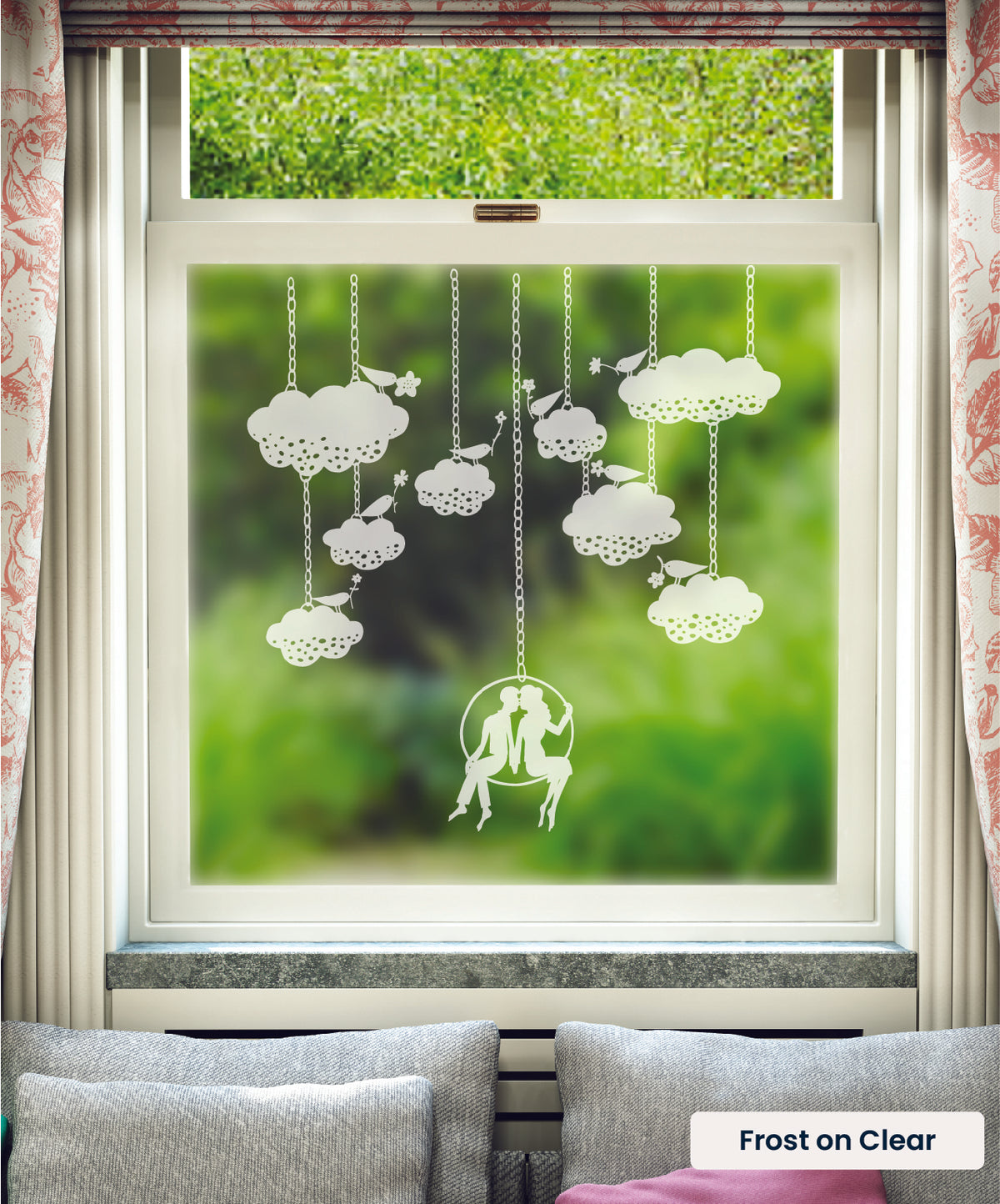 Chain and Clouds illustration by Rob Ryan in frosted print on clear window film.