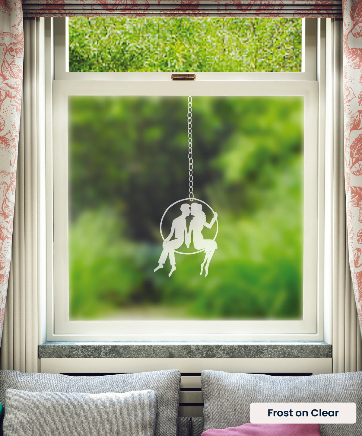 Couple in a Hoop illustration by Rob Ryan in frosted print on clear window film.
