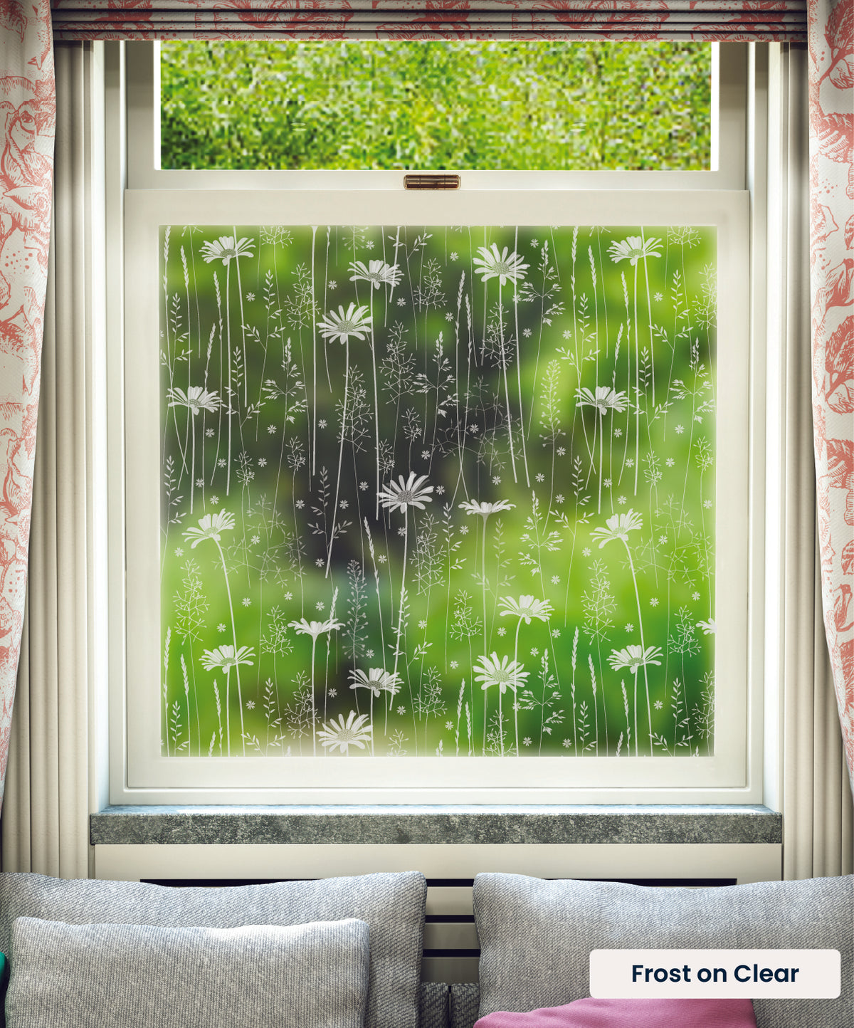 Daisy Meadow daisies pattern by Hannah Nunn in frosted print on clear window film.