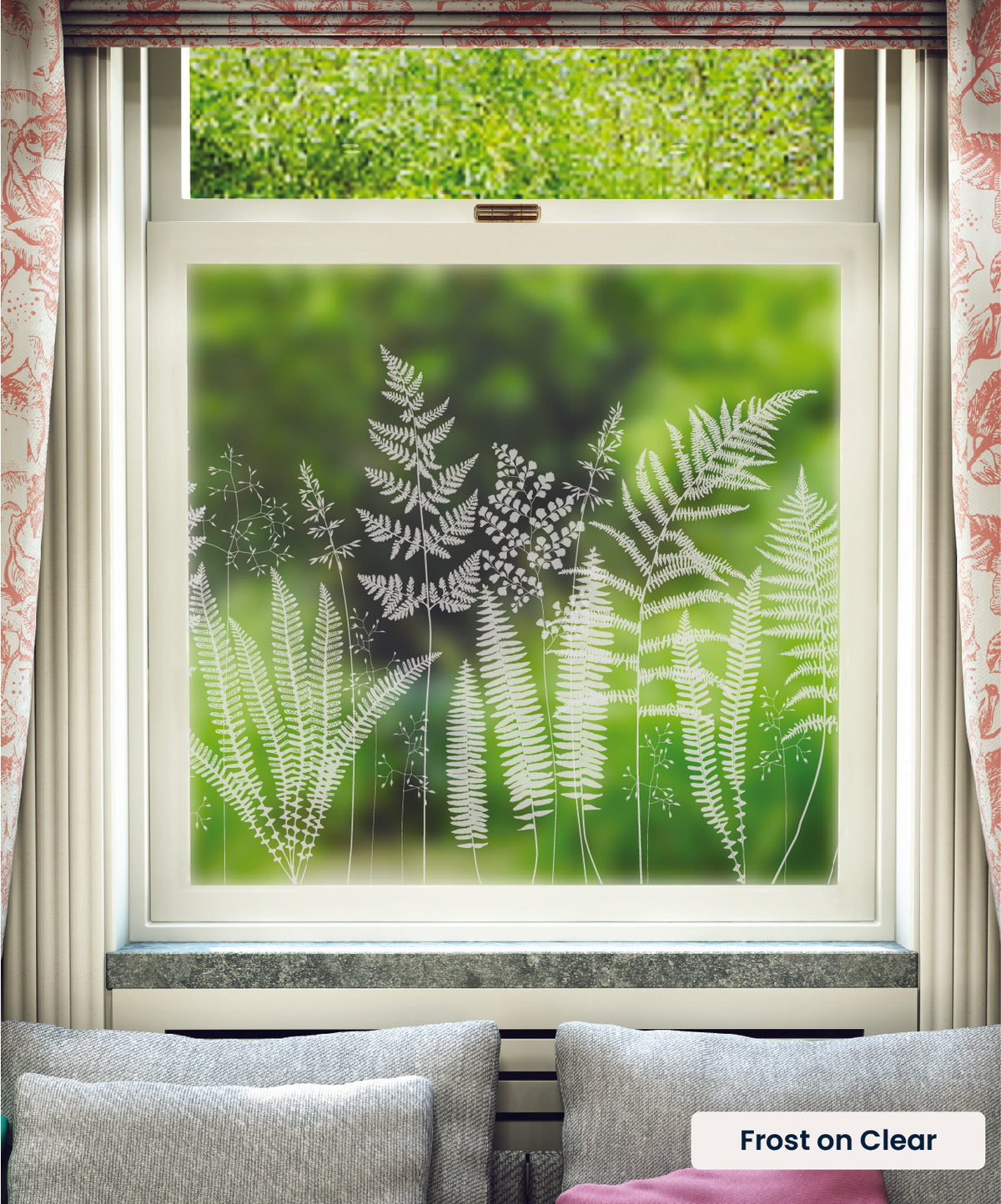 Fern fern leaves pattern by Hannah Nunn in frosted print on clear window film.