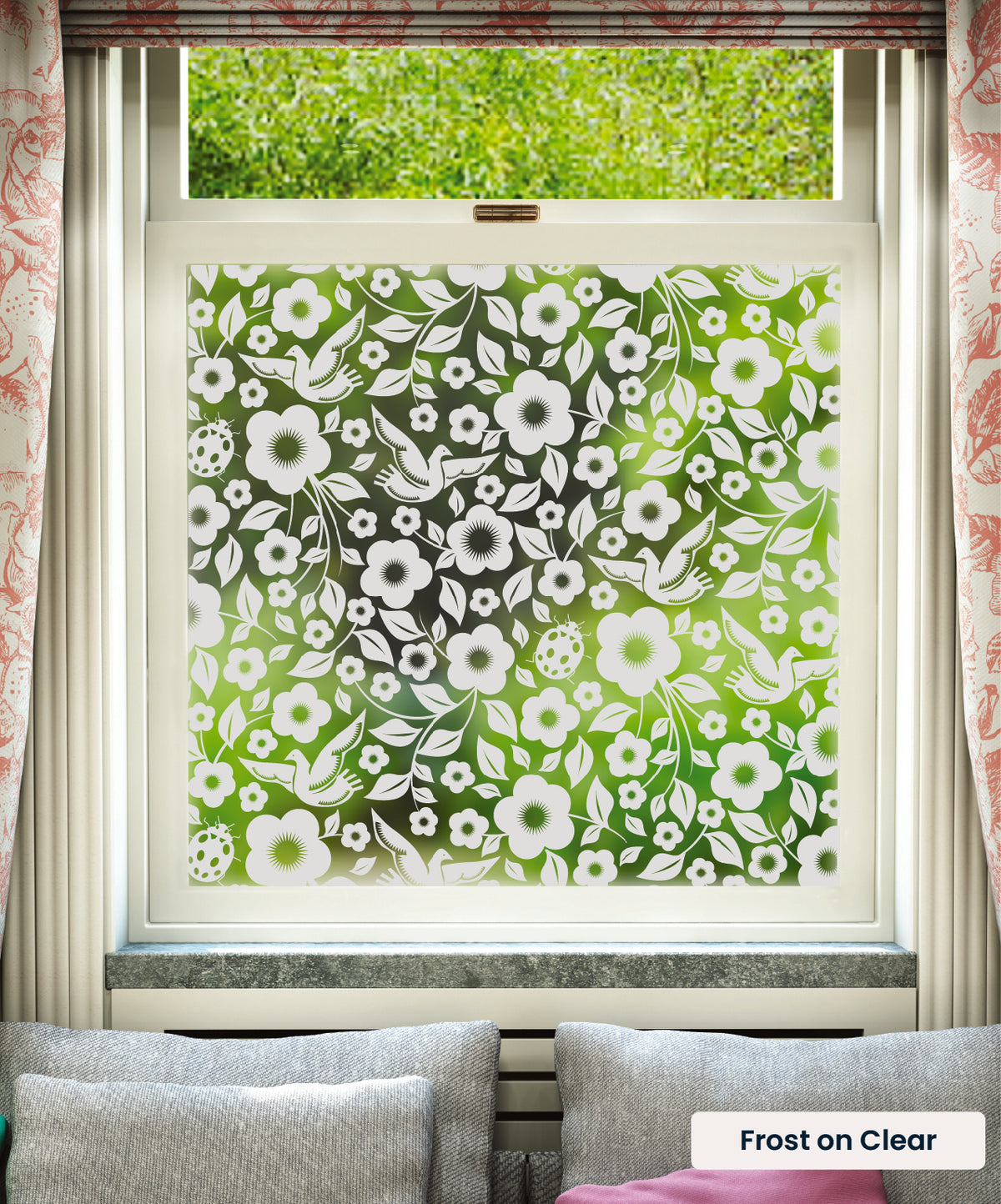 Folk Rock flower pattern by Mini Moderns in frosted print on clear window film.