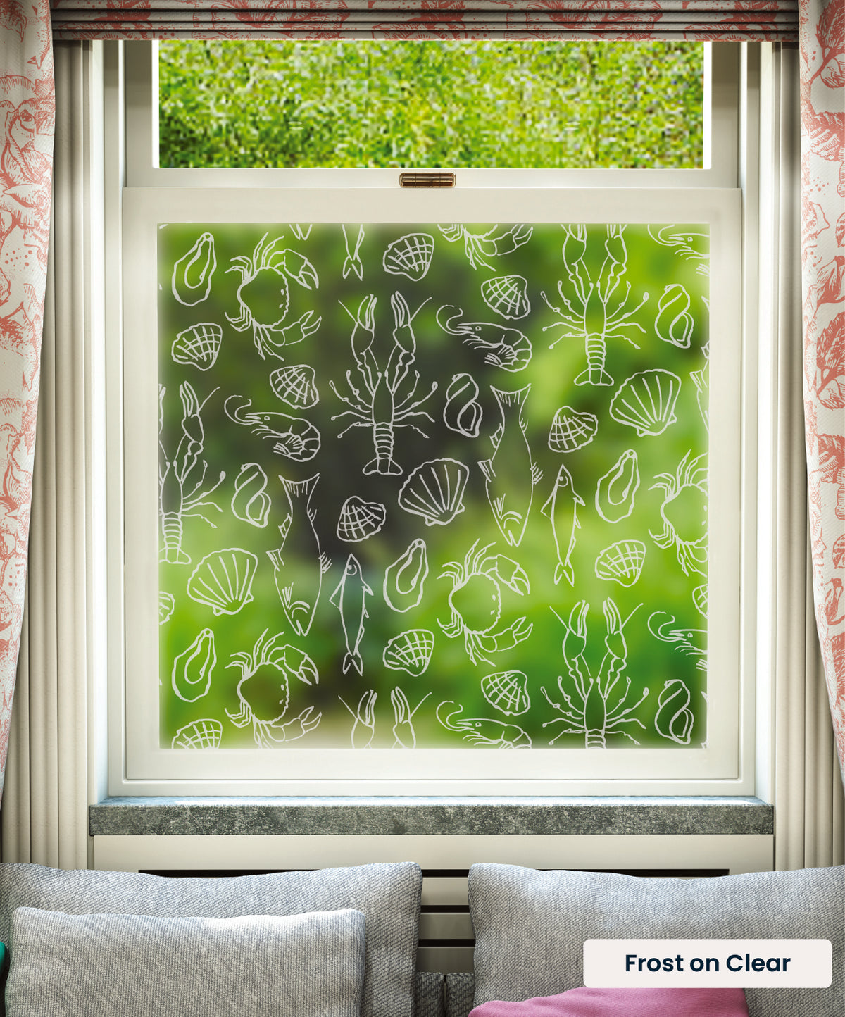Frutti di Mare seafood pattern by Mini Moderns in frosted print on clear window film.