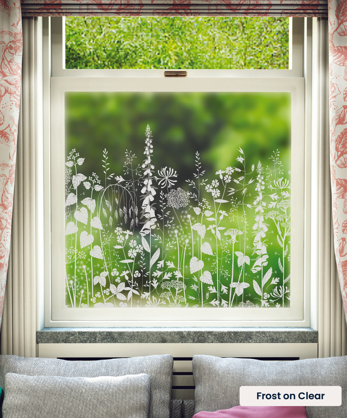 Hedgerow hedgerow plants pattern by Hannah Nunn in frosted print on clear window film.