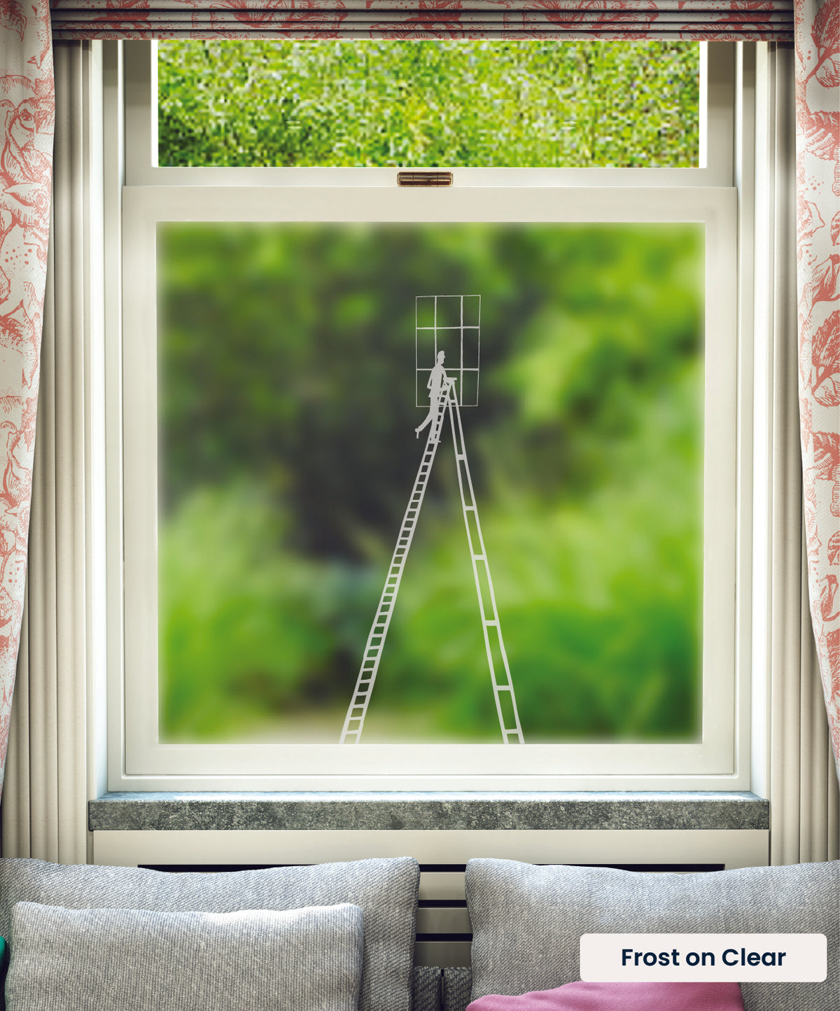 Step Ladder illustration by Rob Ryan in frosted print on clear window film.