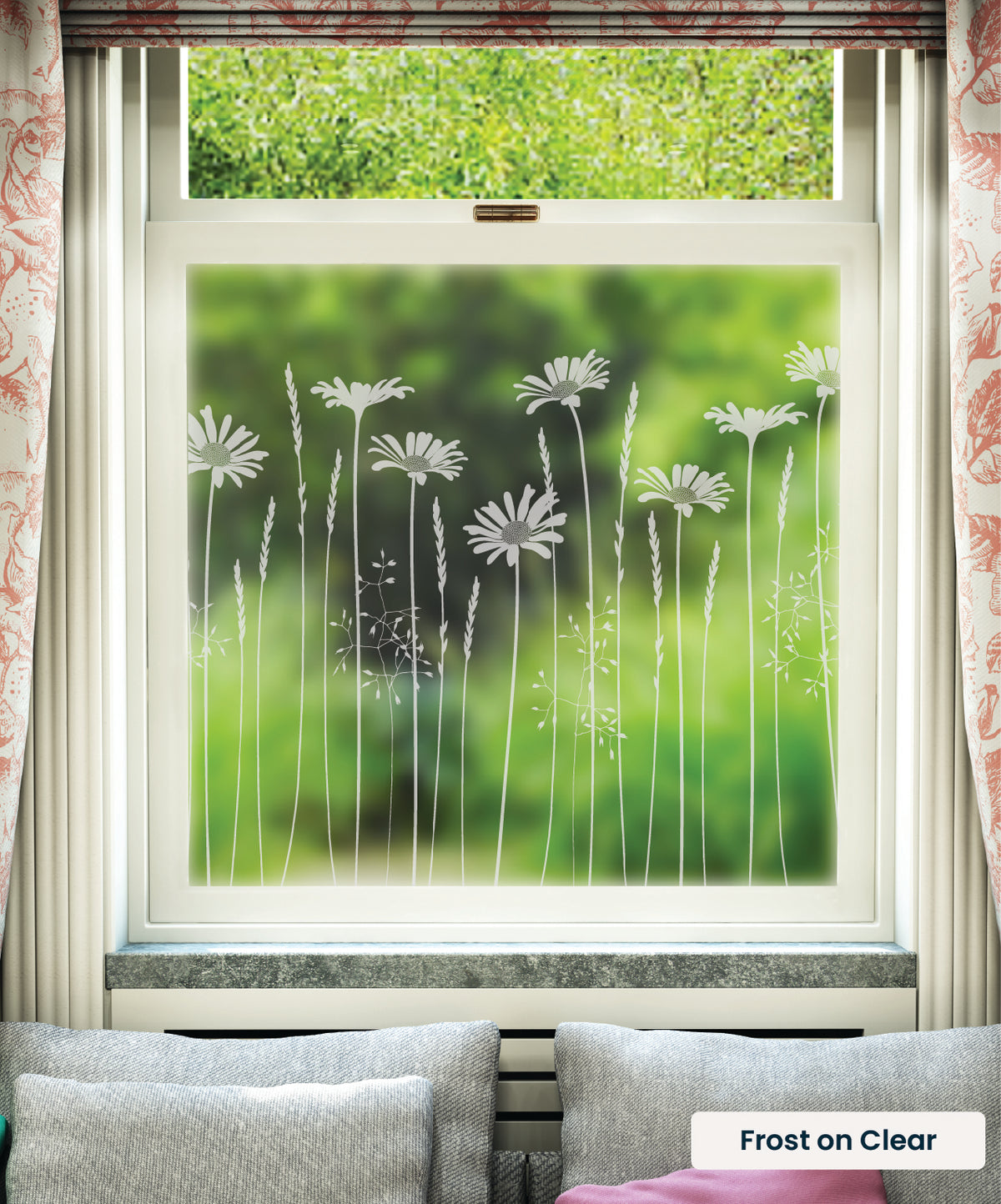Tall Daisies flower pattern by Hannah Nunn in frosted print on clear window film.