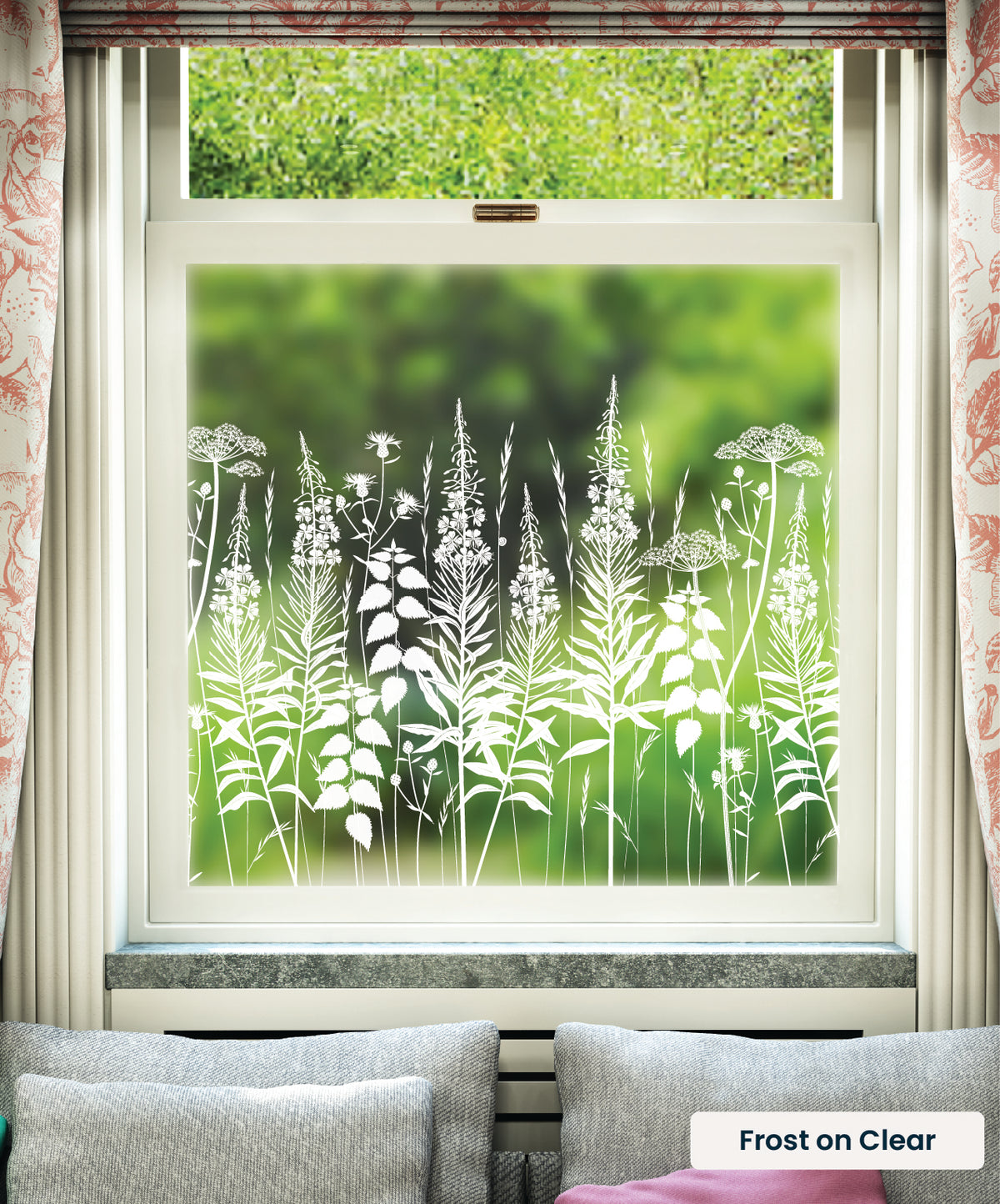 Wild Edge wild flowers pattern by Hannah Nunn in frosted print on clear window film.