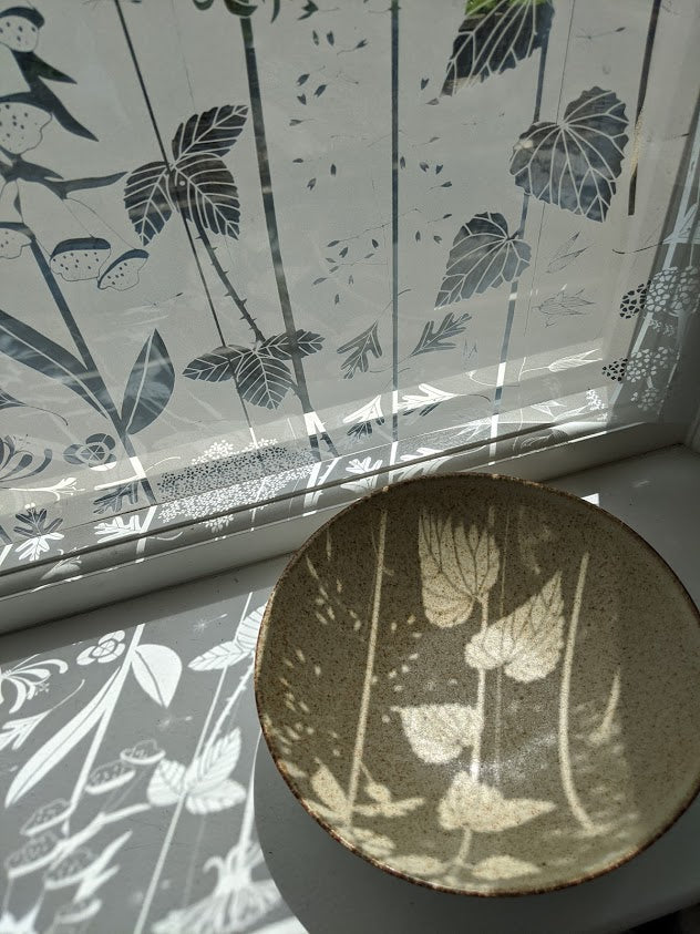 Window with a cut frosted window film applied, casting shadows onto a ceramic bowl which is on the window ledge. 