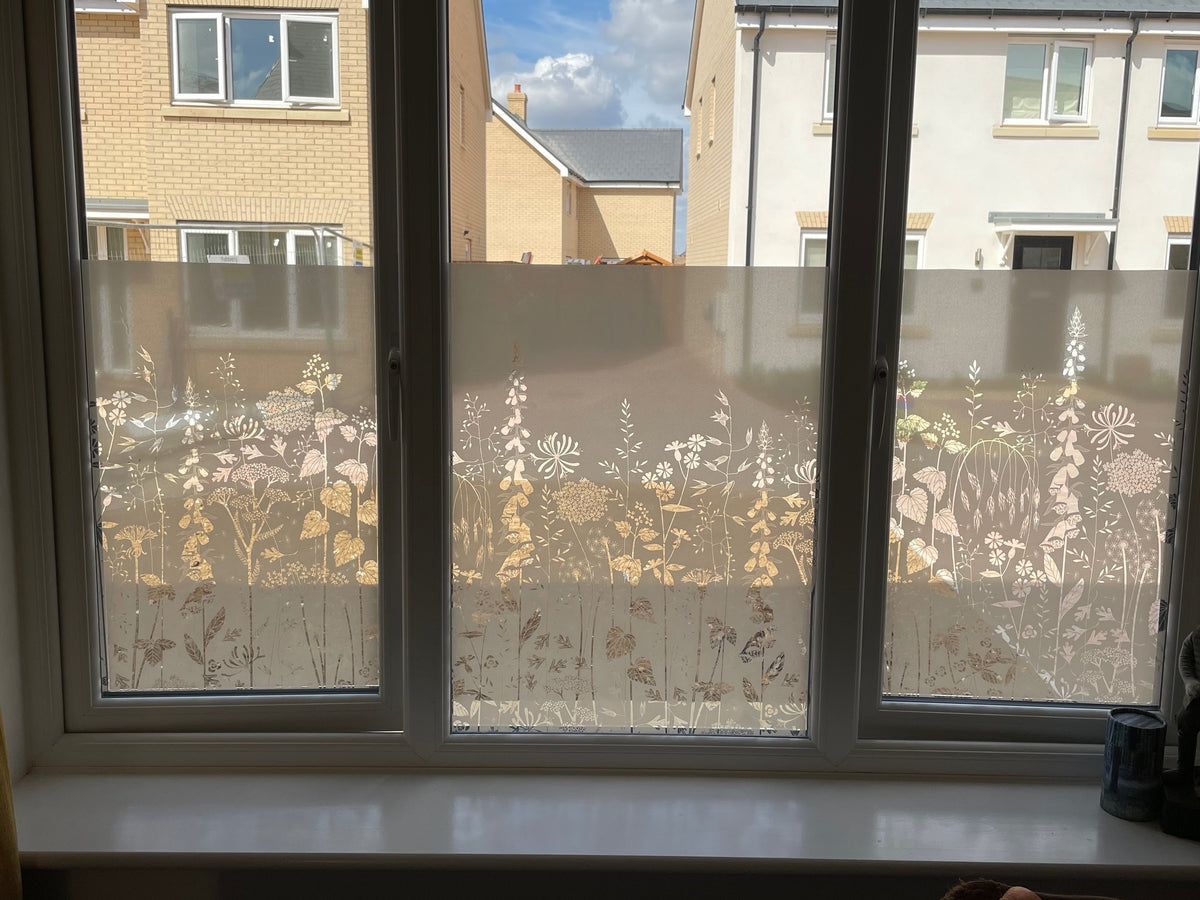 Window with decorative film featuring a Hannah Nunn floral pattern, above the film there is a view of neighboring houses.