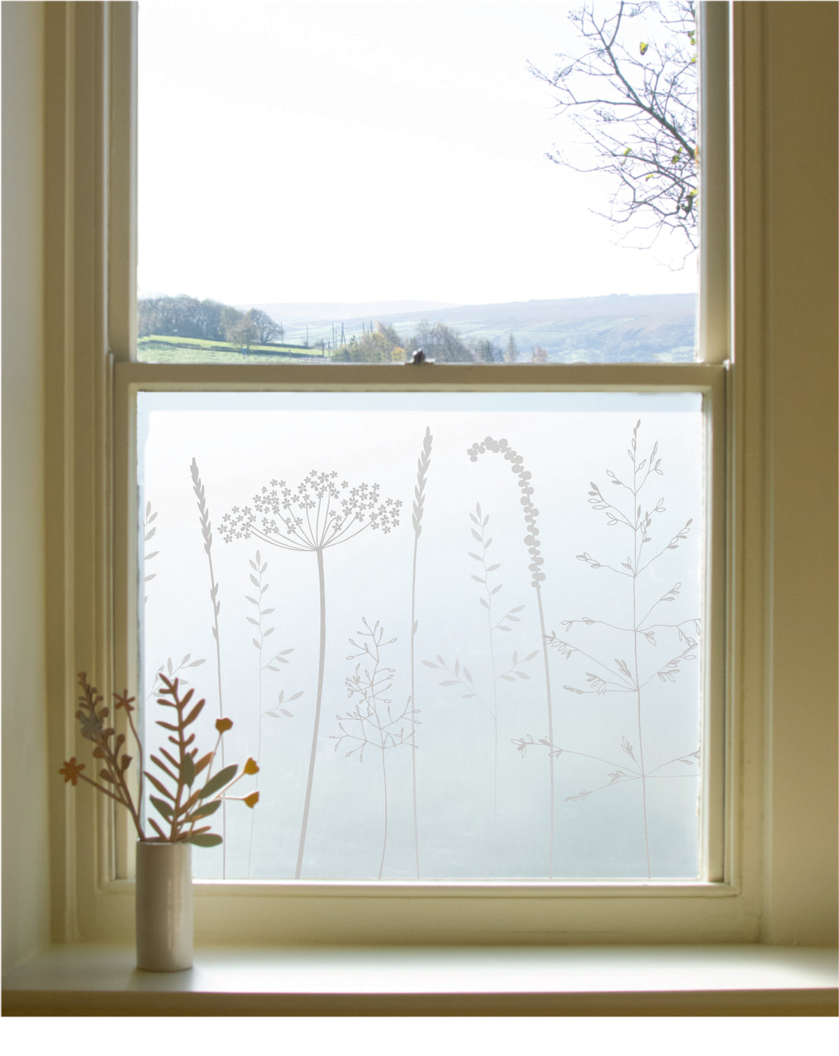 A window in a residential property featuring In the tall grass window film by Hannah Nunn, applied to the lower pane of the glazing.