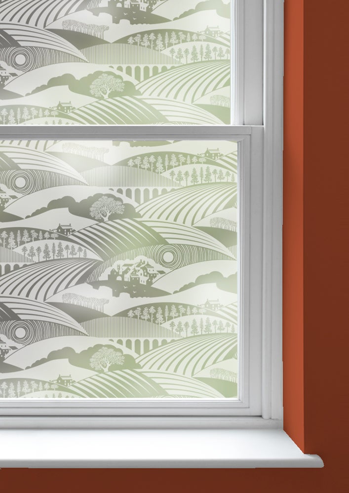 A window with Moordale patterned frosted window film by Mini Moderns applied to both panes