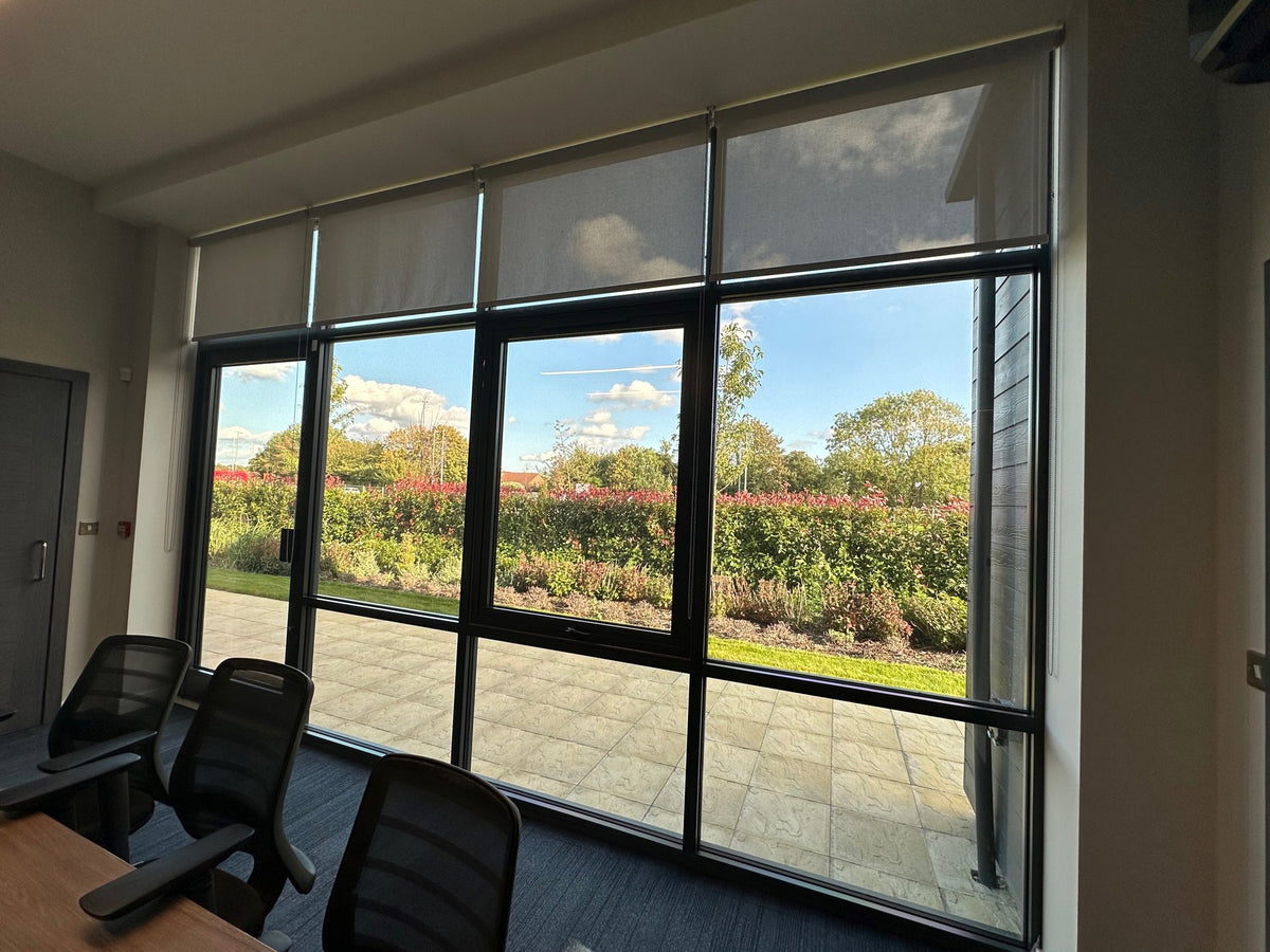 Modern office interior with large glass windows showing a garden view; the glass panes have solar control window film from The Window Film Company applied to the interior.