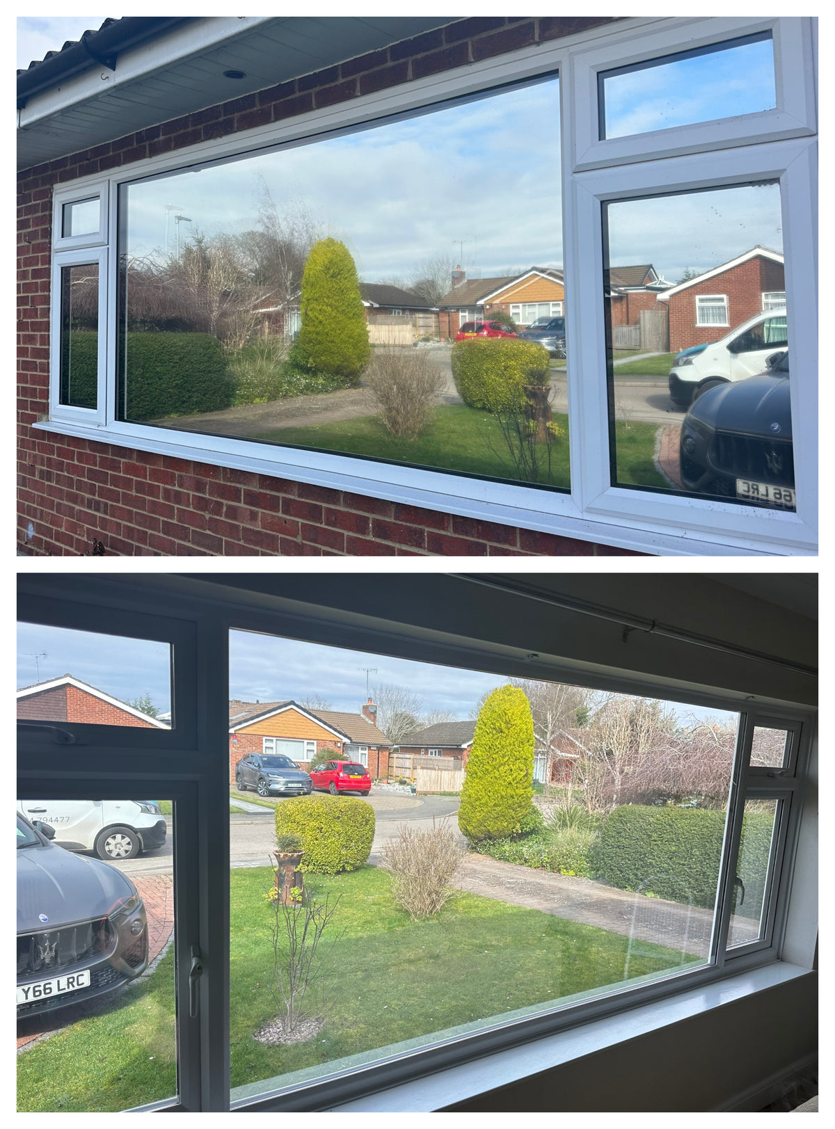 A comparison of the view from both inside and outside a window in a residential property, with heat reduction window film applied. 