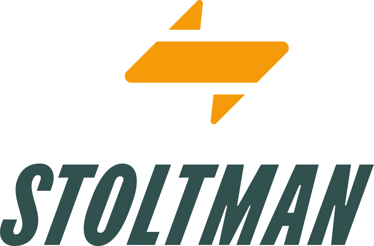 Stoltman logo with an orange arrow and black text on a white background