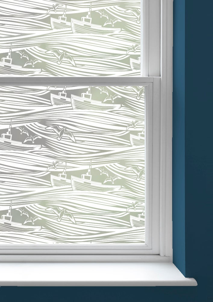 A window with Whitby patterned frosted window film by Mini Moderns applied to both panes