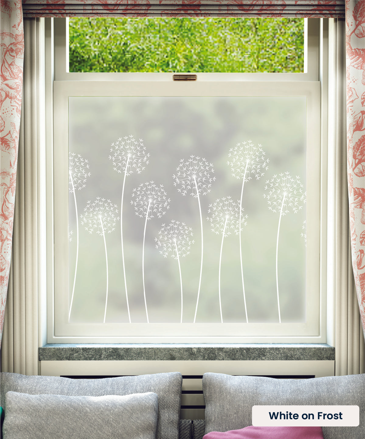 Allium flower pattern by Hannah Nunn in white print on frosted window film.