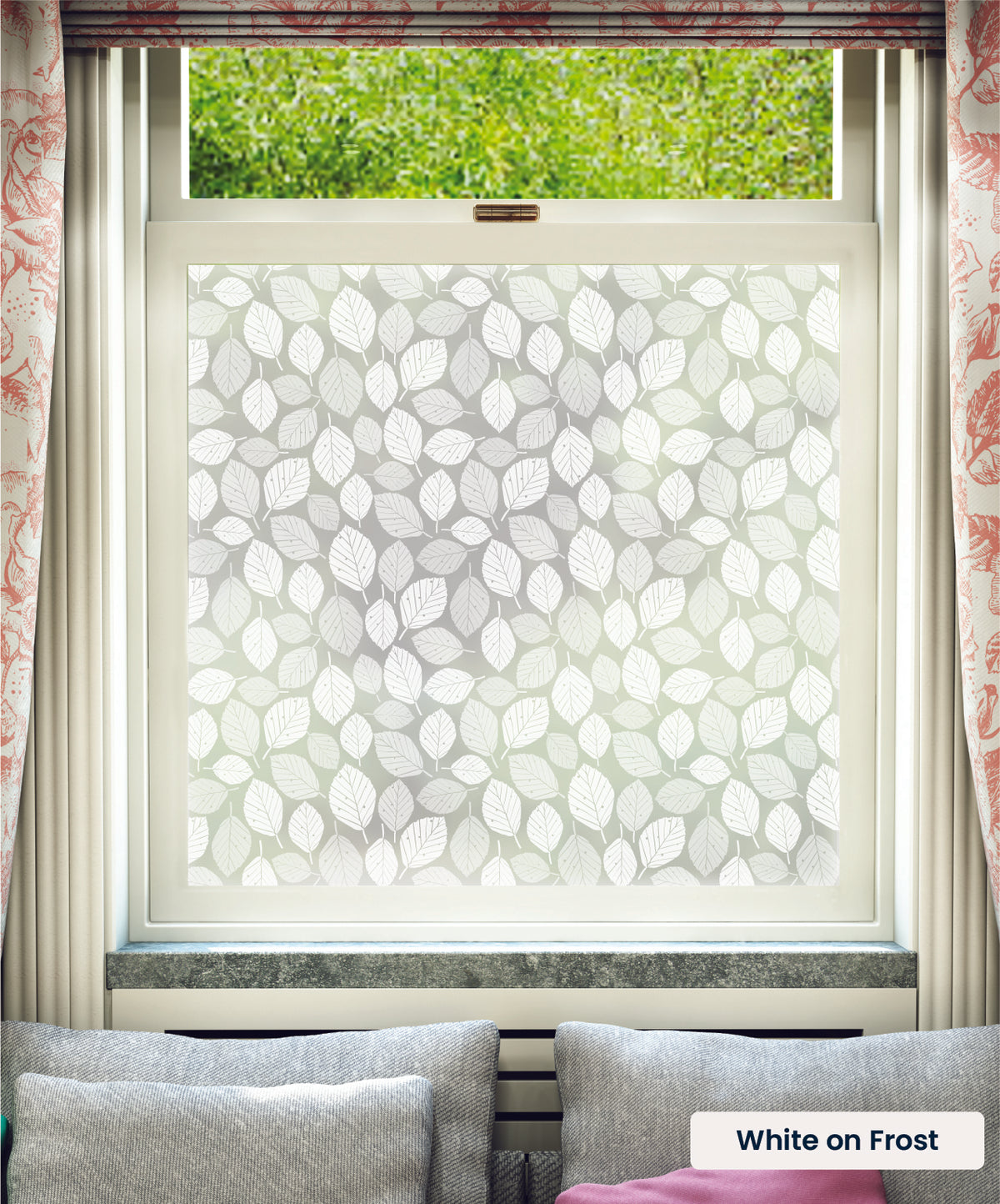 Beech Leaves beech leaves pattern by Hannah Nunn in white print on frosted window film.