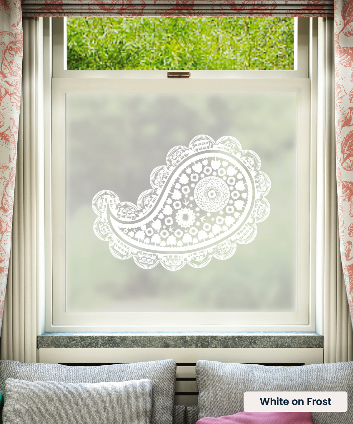 Buddha of Suburbia Indian paisley pattern by Mini Moderns in white print on frosted window film.