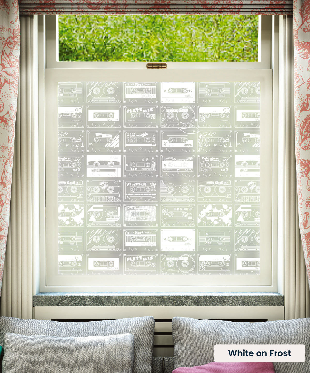 C-60 cassette tapes pattern by Mini Moderns in white print on frosted window film.