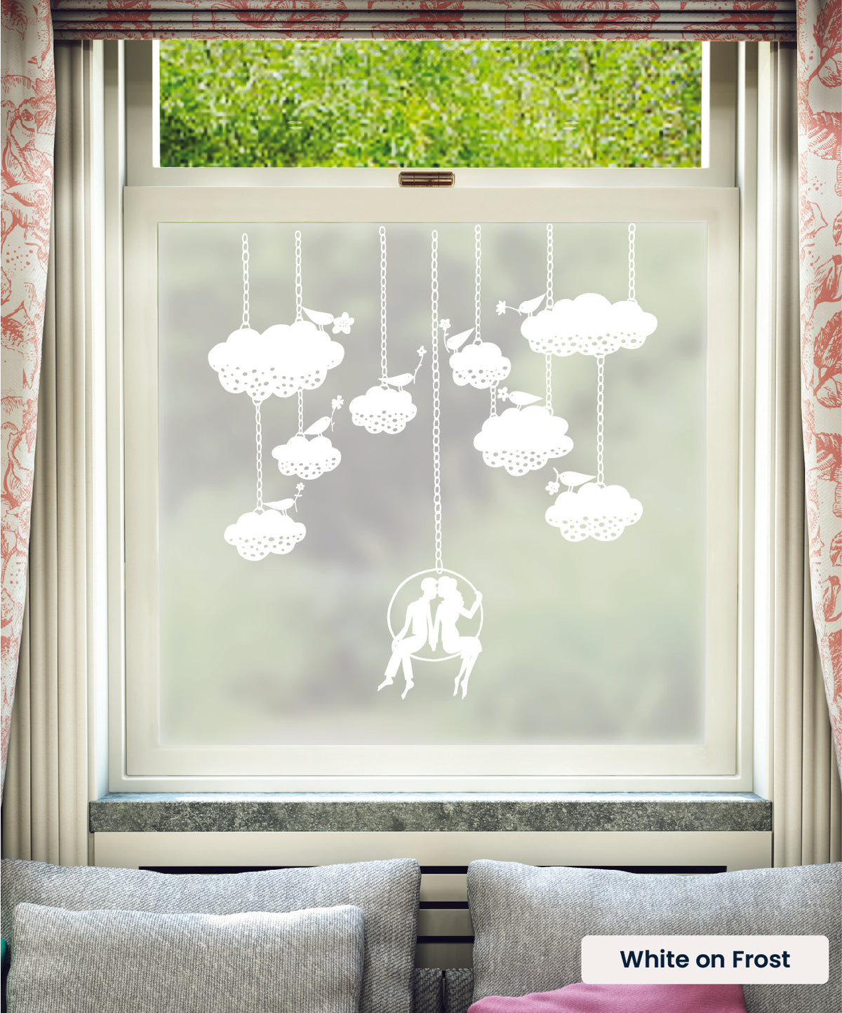 Chain and Clouds illustration by Rob Ryan in white print on frosted window film.