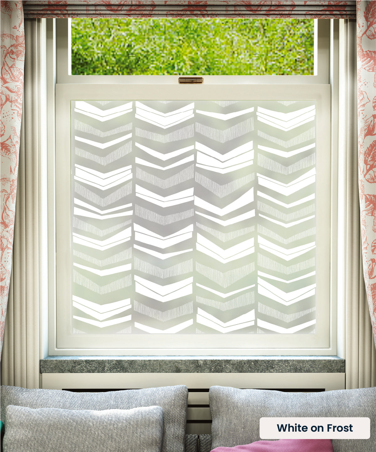 Chevrons pattern by MissPrint in white print on frosted window film.