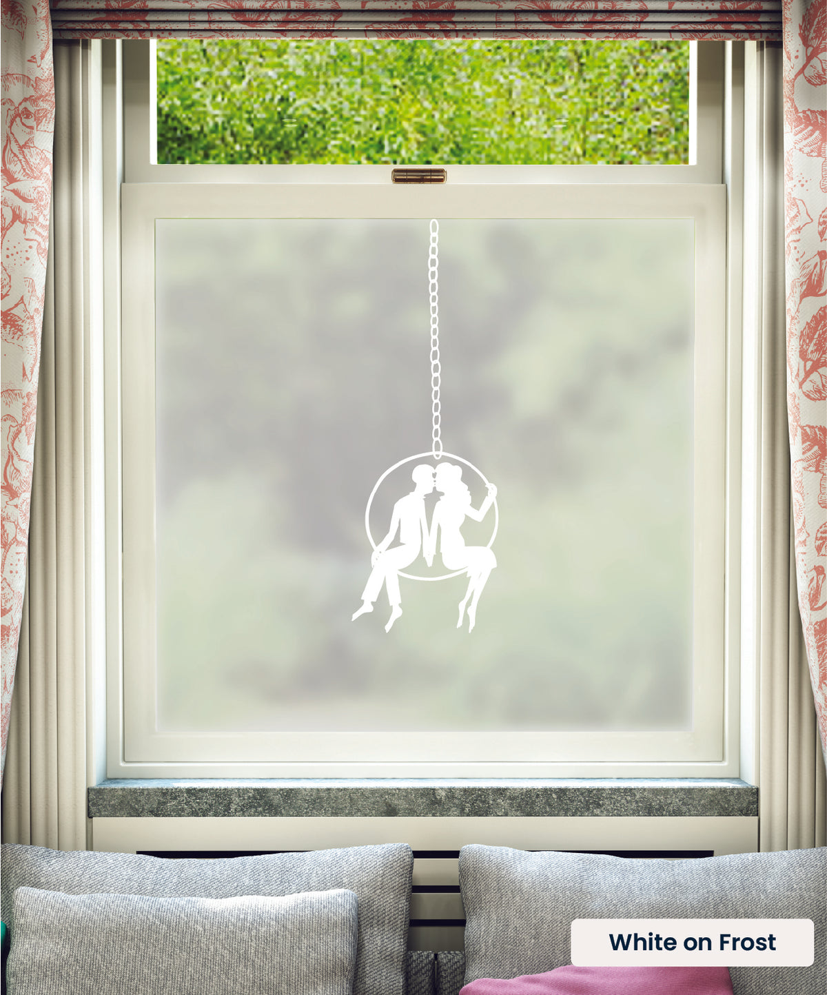 Couple in a Hoop illustration by Rob Ryan in white print on frosted window film.
