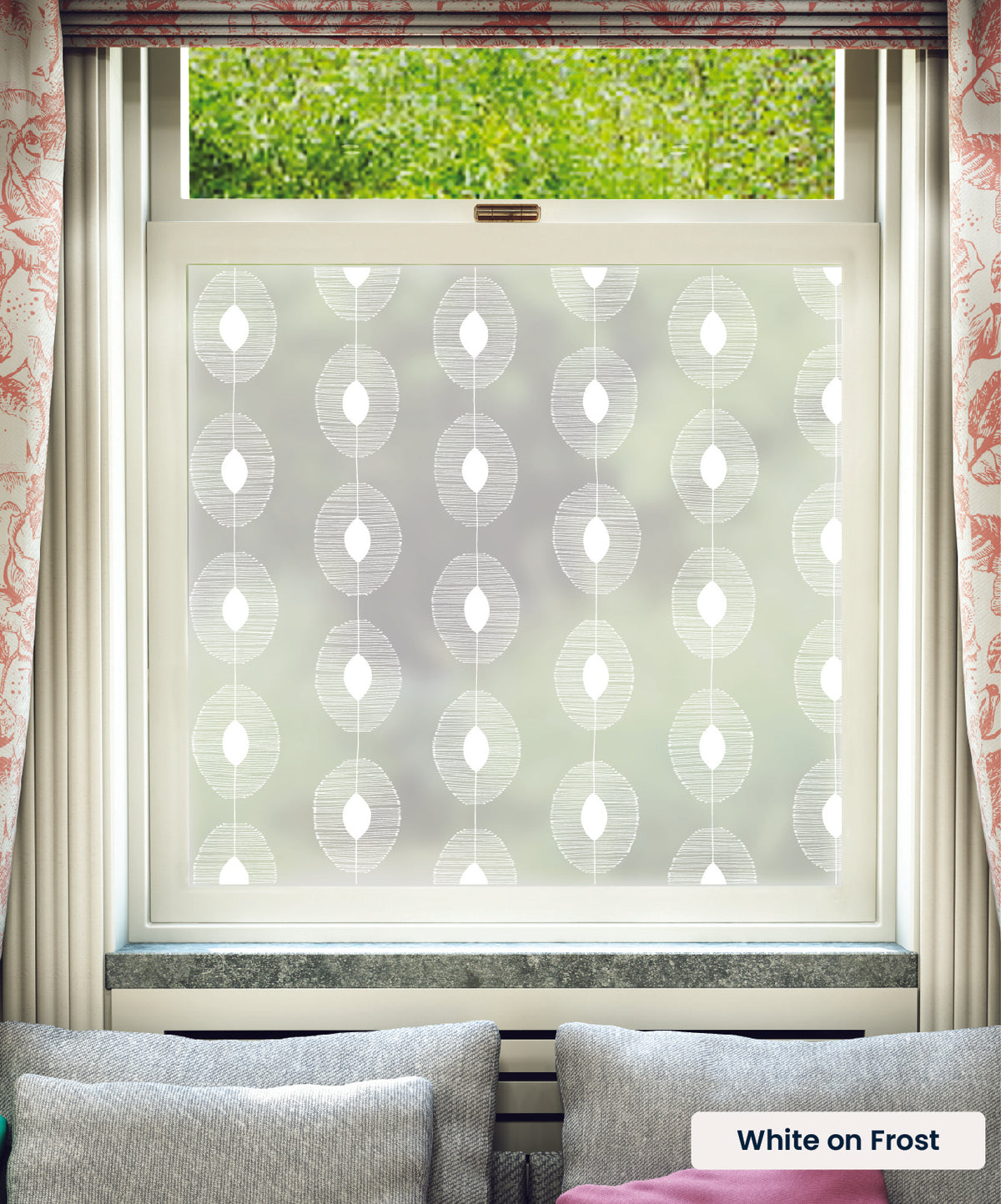 Dew Drops pattern by MissPrint in white print on frosted window film.