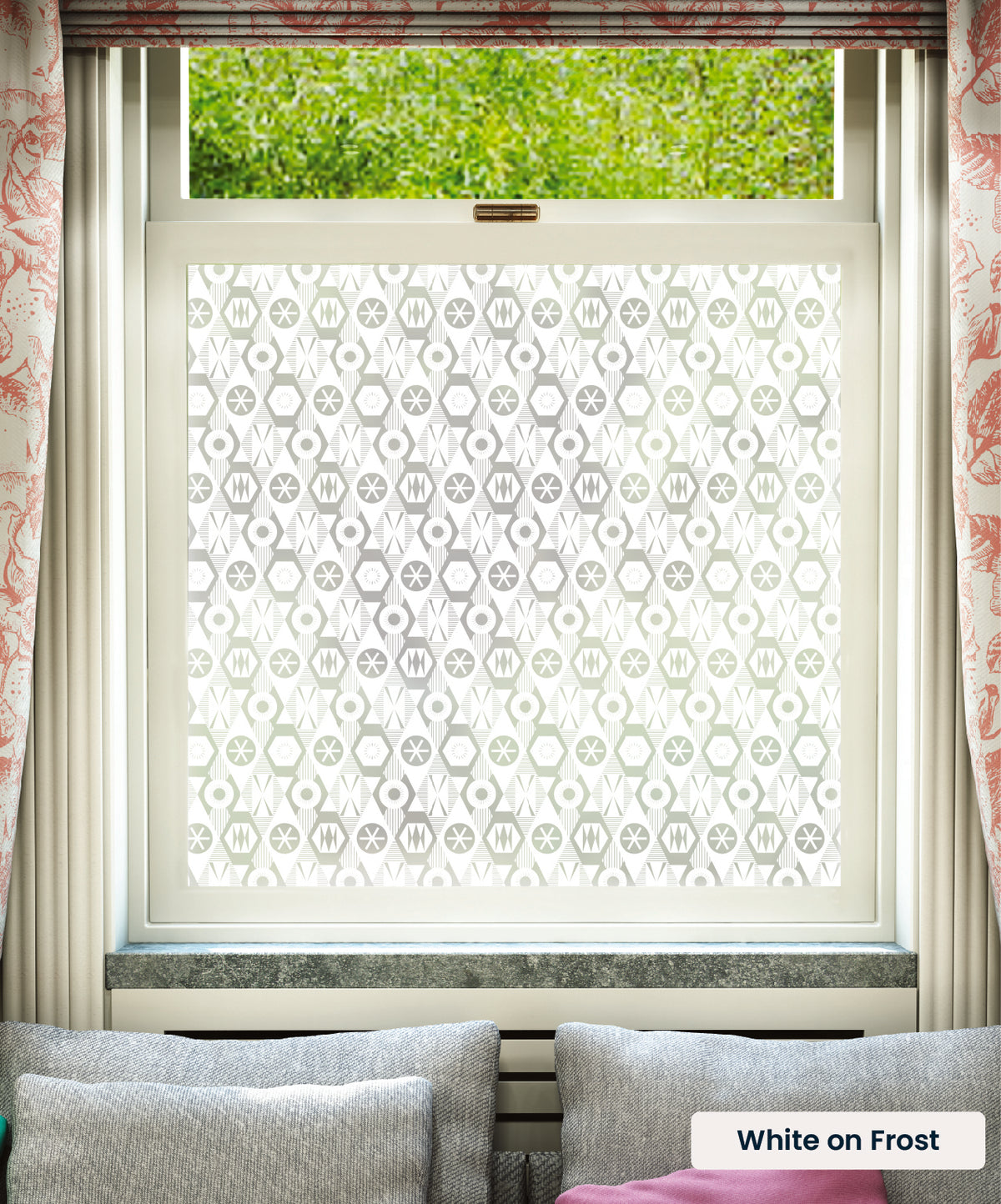 Diamonds geometric abstract pattern by Kate Farley in white print on frosted window film.