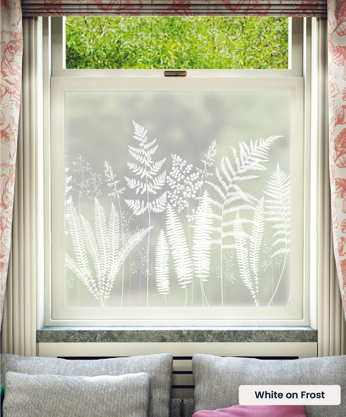 Fern fern leaves pattern by Hannah Nunn in white print on frosted window film.