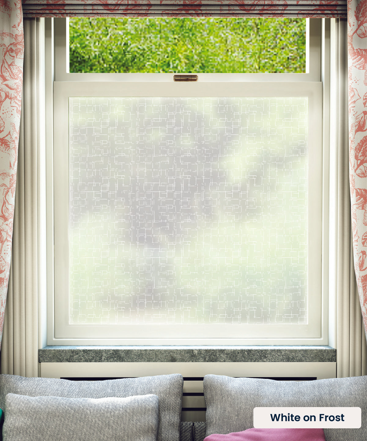 Float geometric abstract pattern by Kate Farley in white print on frosted window film.