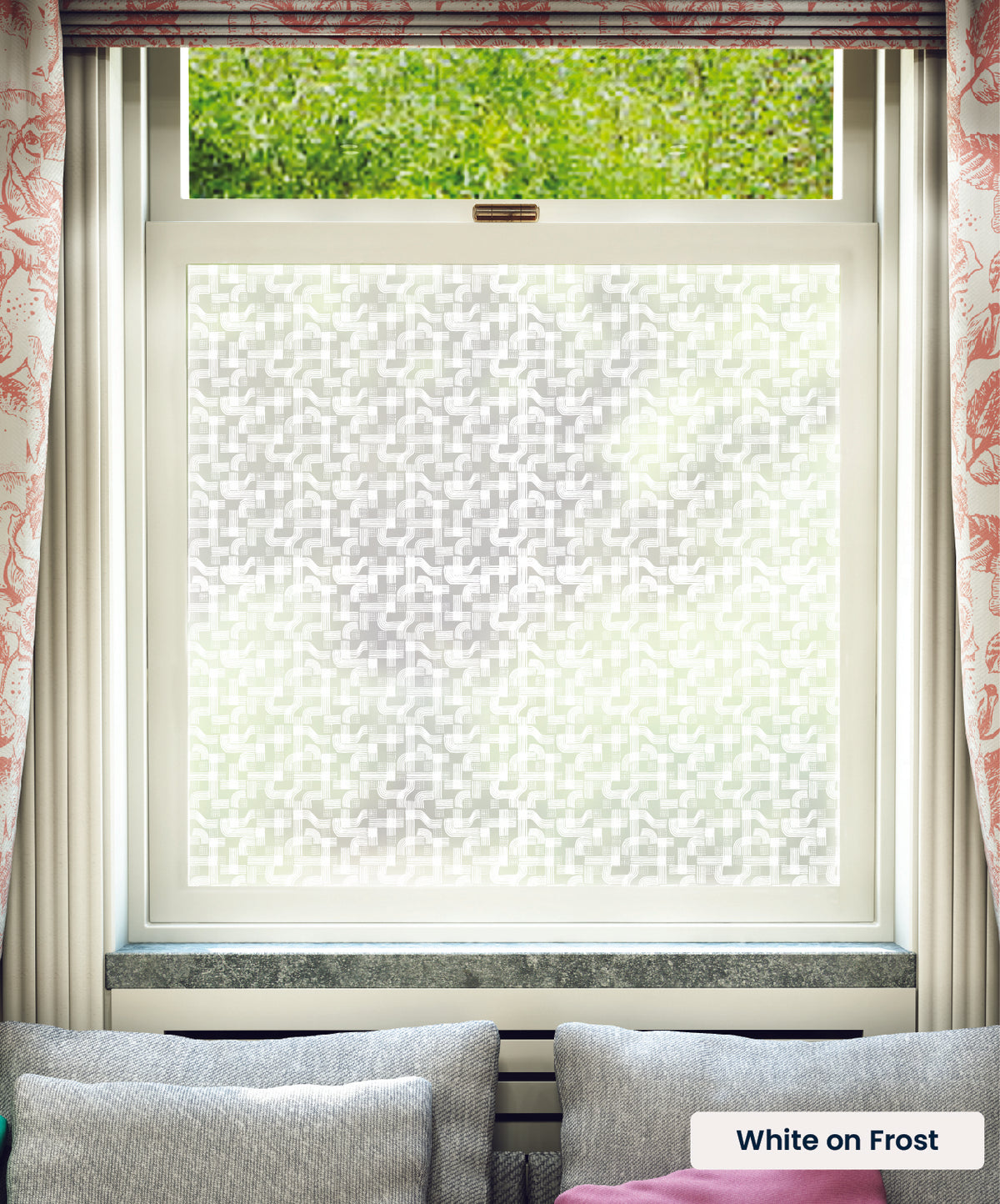 Flow geometric abstract pattern by Kate Farley in white print on frosted window film.