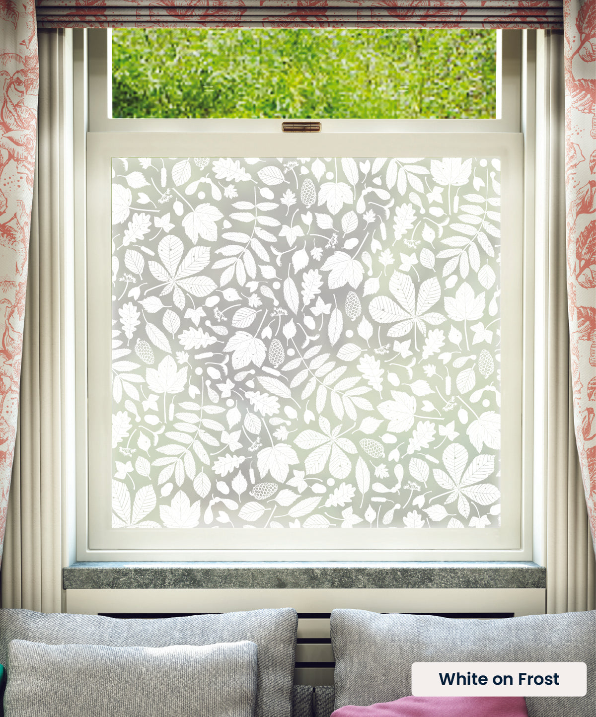 Forest Floor fallen leaves pattern by Hannah Nunn in white print on frosted window film.