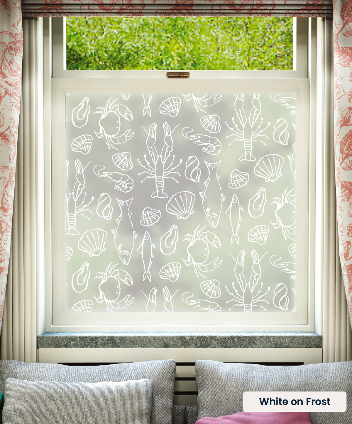 Frutti di Mare seafood pattern by Mini Moderns in white print on frosted window film.