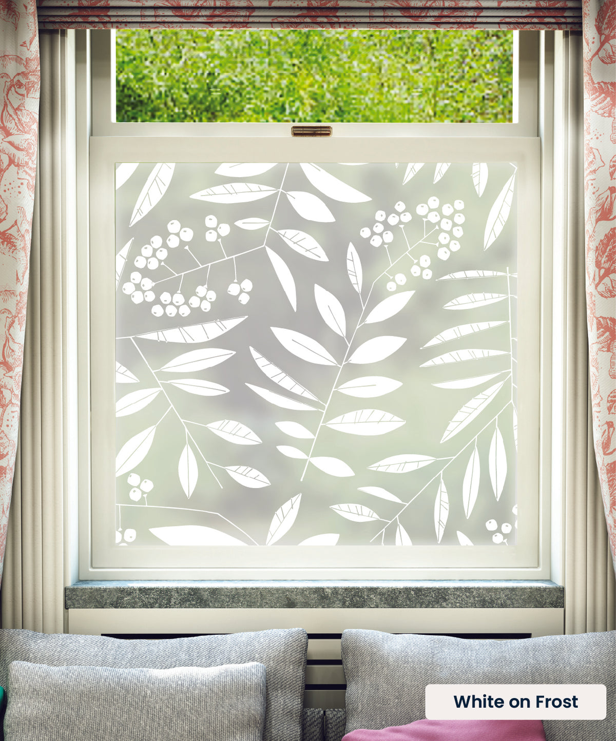Grand Leaf Berry pattern by MissPrint in white print on frosted window film.