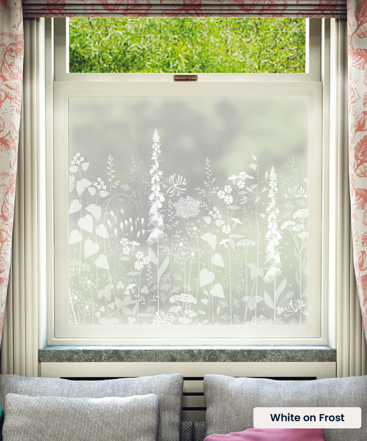 Hedgerow hedgerow plants pattern by Hannah Nunn in white print on frosted window film.