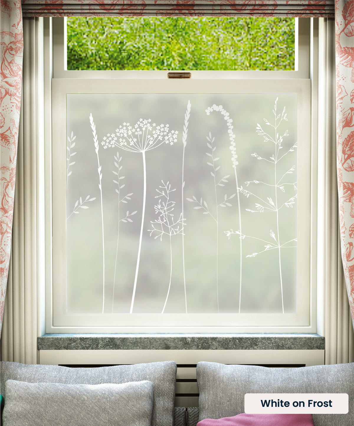 In the Tall Grass flowers and grasses pattern by Hannah Nunn in white print on frosted window film.