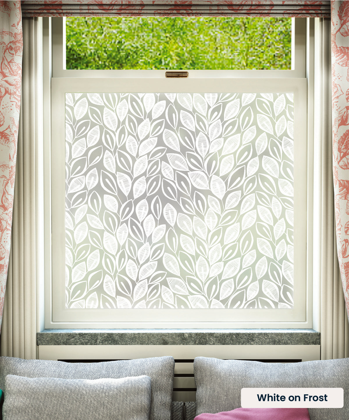 Leaves pattern by MissPrint in white print on frosted window film.