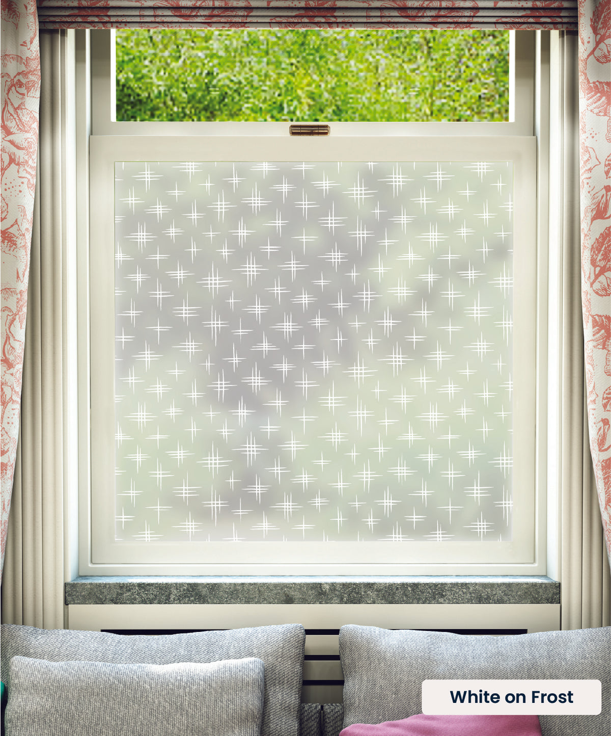 Limelight pattern by MissPrint in white print on frosted window film.