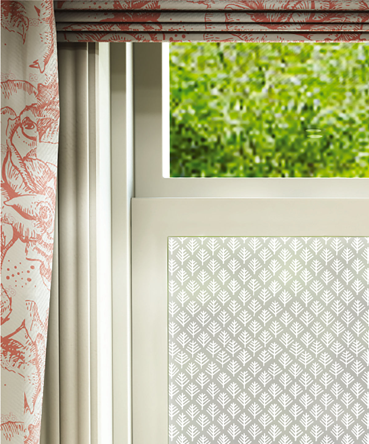 Little Tree repeated little trees design by Charlene Mullen in white print on frosted window film.