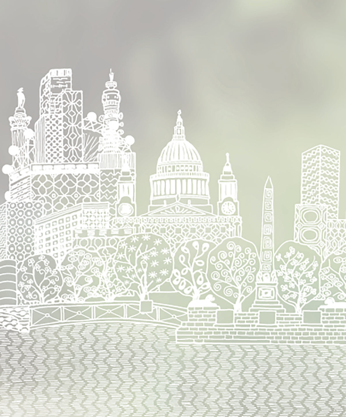 London Calling London skyline design by Charlene Mullen in white print on frosted window film.