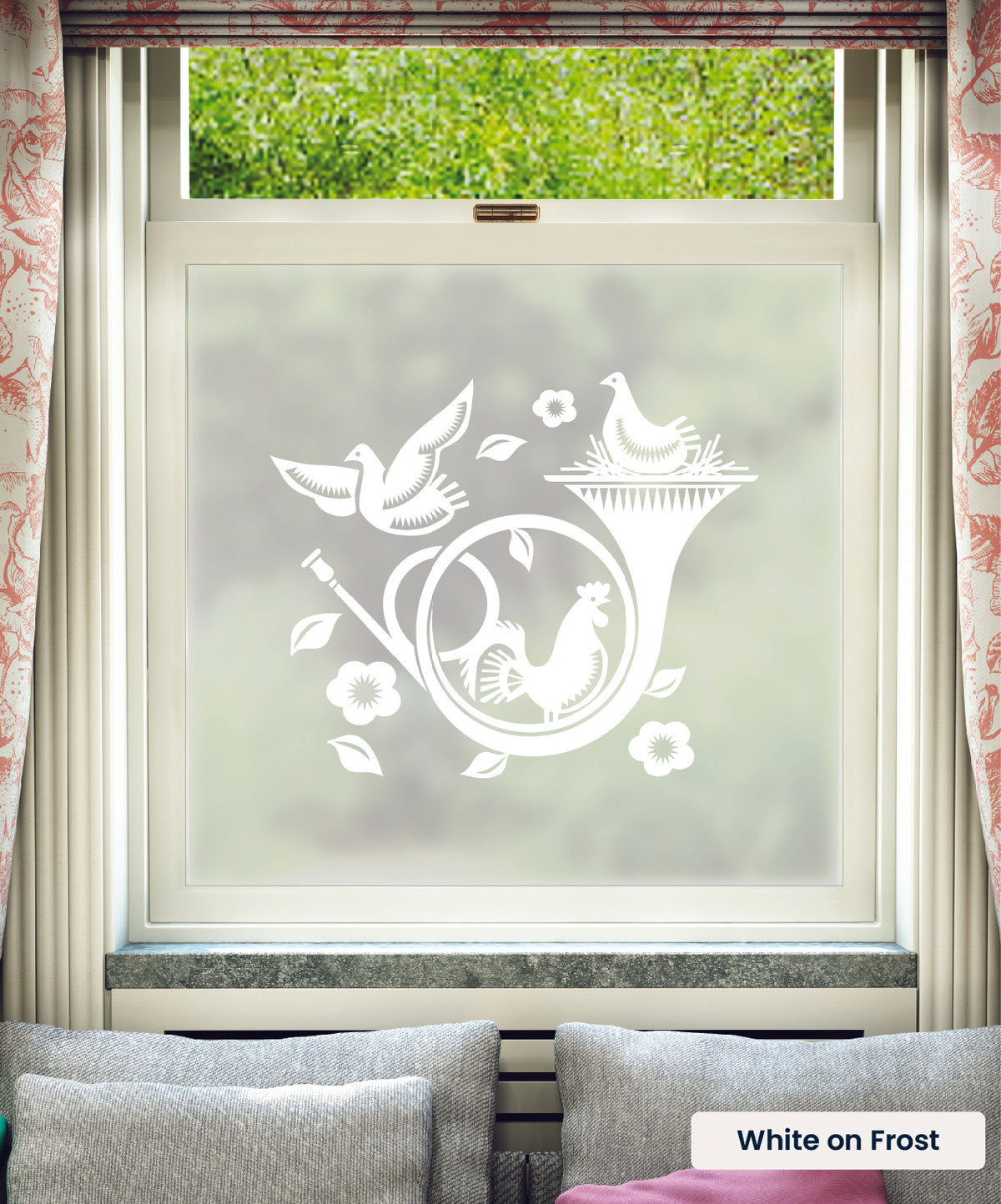 Nest Single nature and music pattern by Mini Moderns in white print on frosted window film.