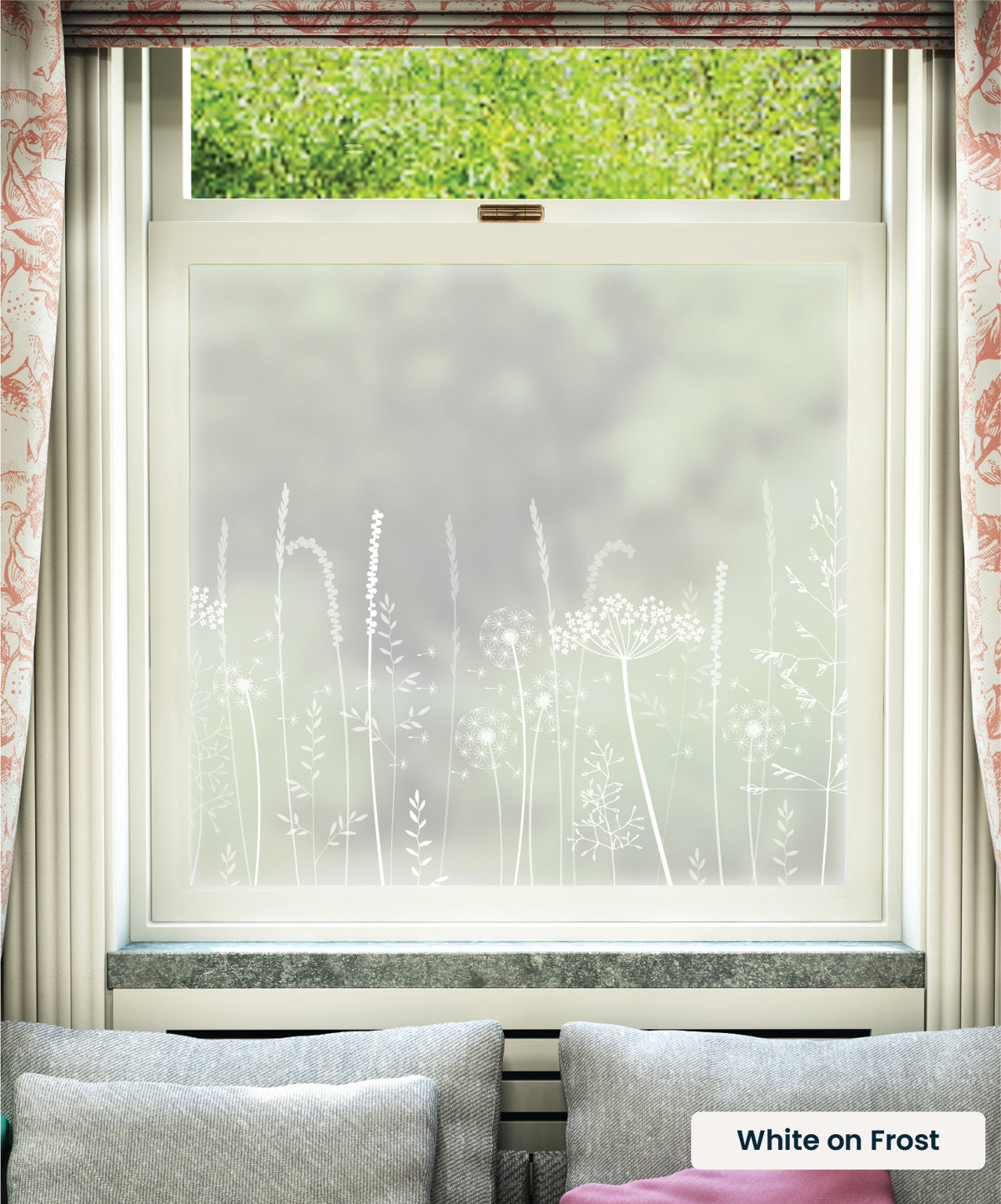 Paper Meadows Edge delicate flowers pattern by Hannah Nunn in white print on frosted window film.