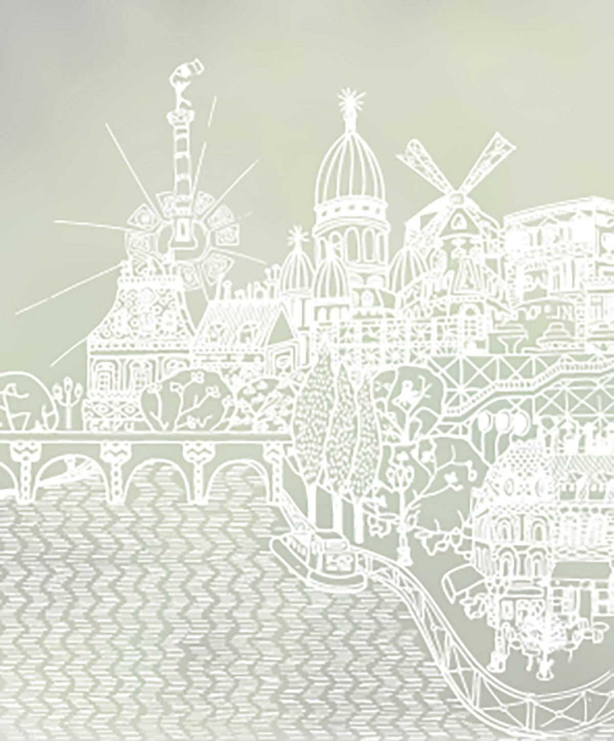 Paris Calling Paris skyline design by Charlene Mullen in white print on frosted window film.