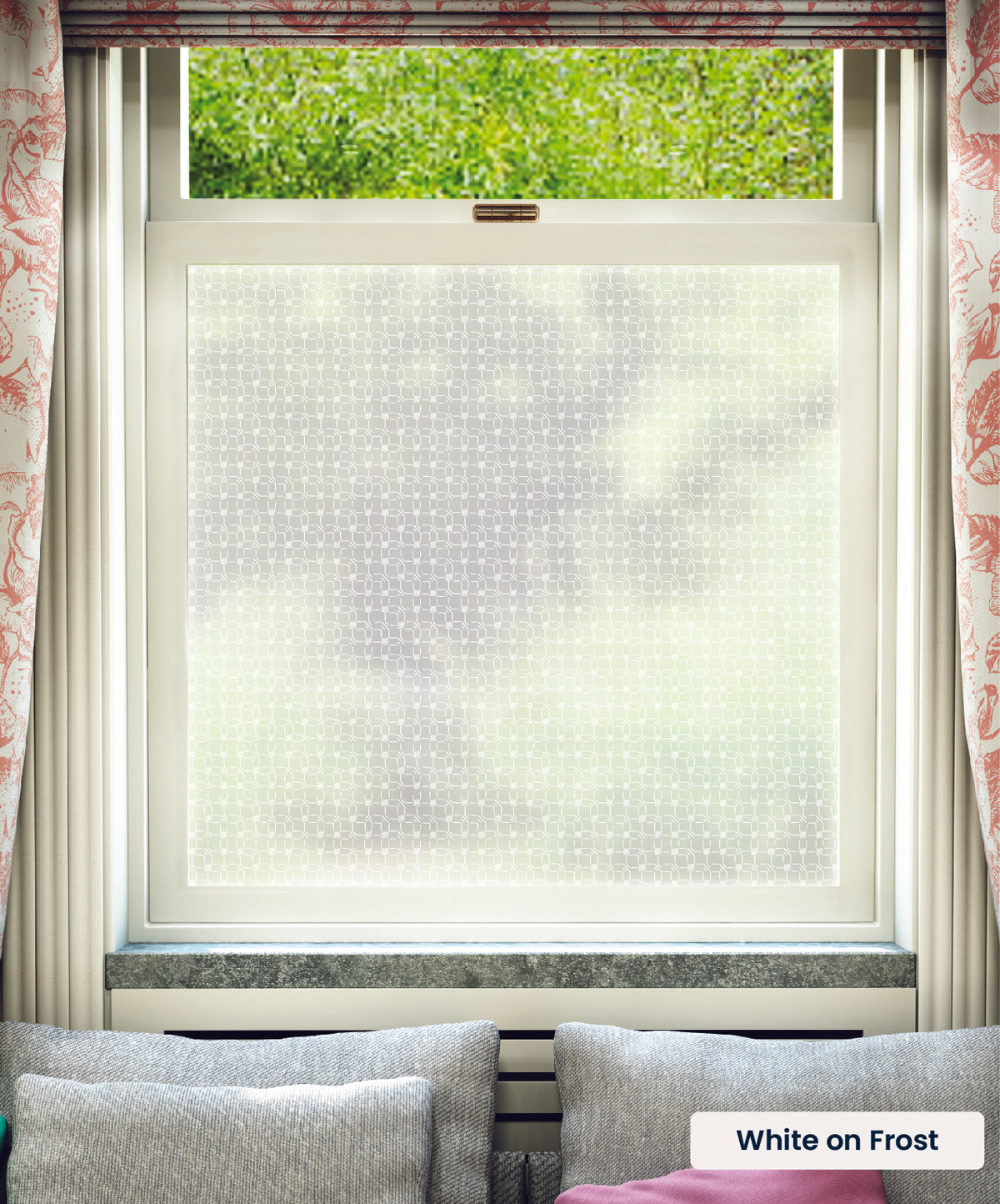 Plaid geometric abstract pattern by Kate Farley in white print on frosted window film.