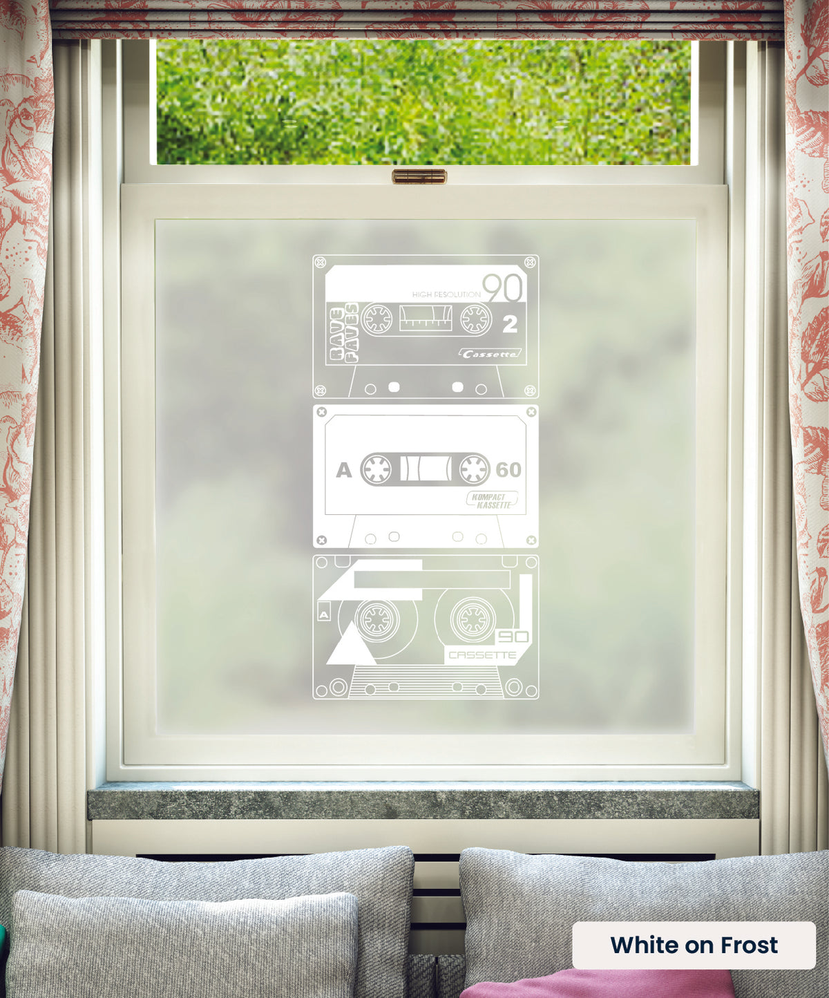 Record/Play cassette tape pattern by Mini Moderns in white print on frosted window film.