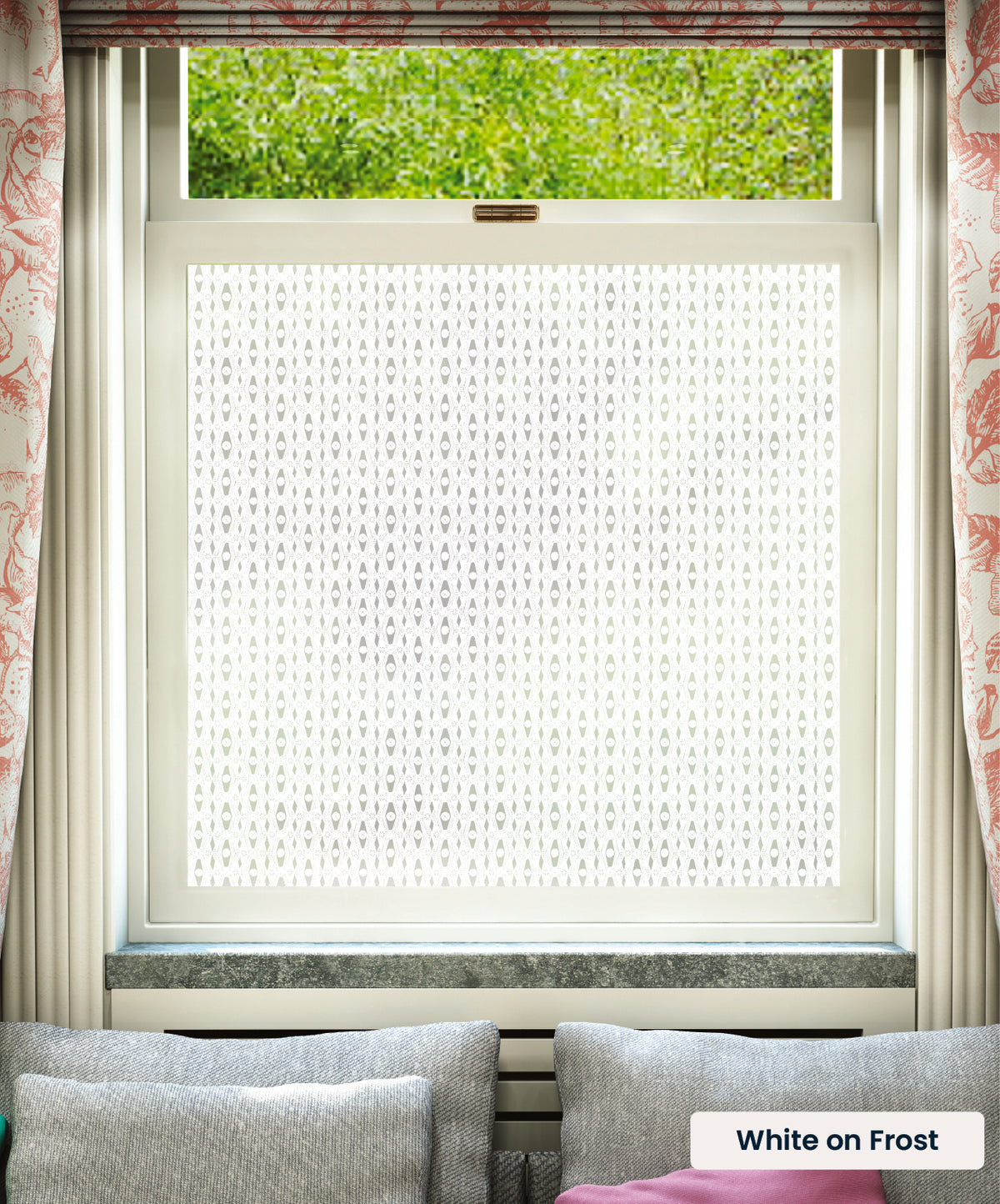 Ribbon geometric abstract pattern by Kate Farley in white print on frosted window film.