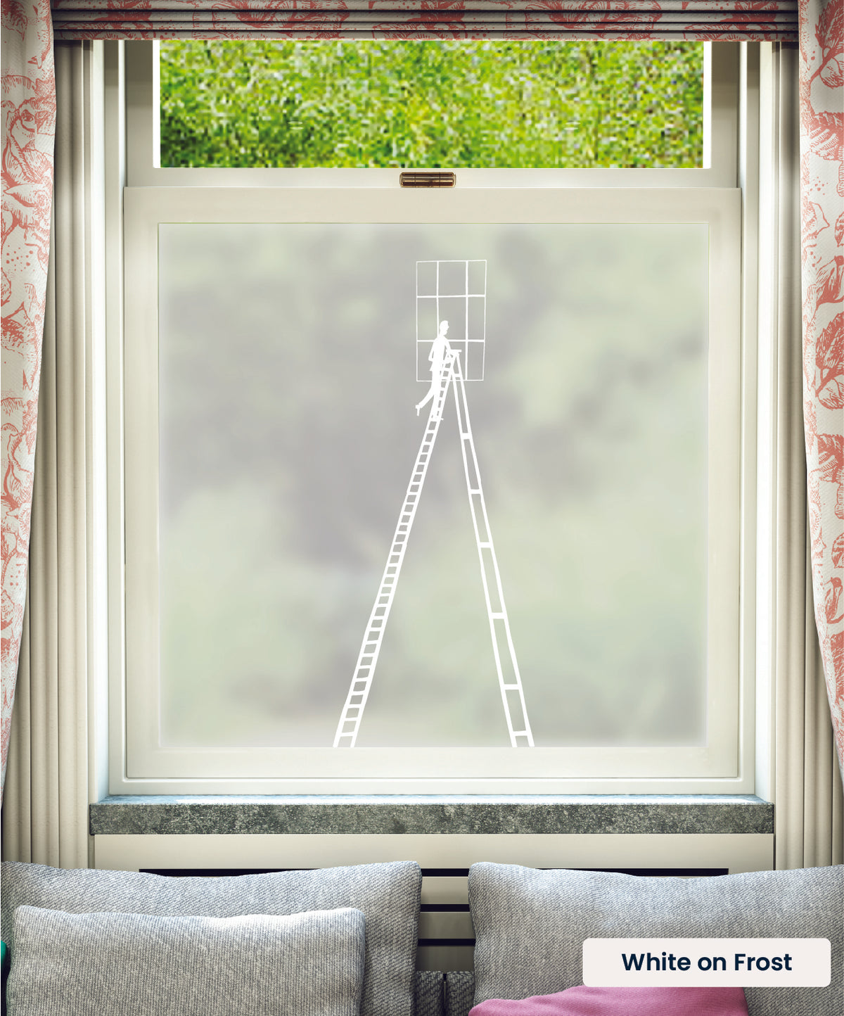 Step Ladder illustration by Rob Ryan in white print on frosted window film.