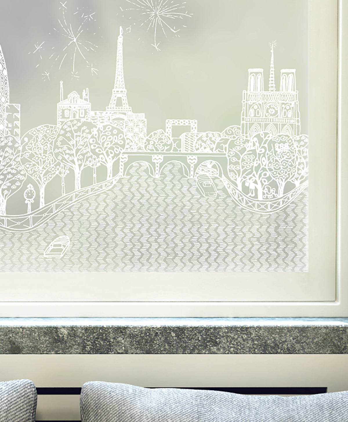 Tale of Two Cities London and Paris skyline design by Charlene Mullen in white print on frosted window film.